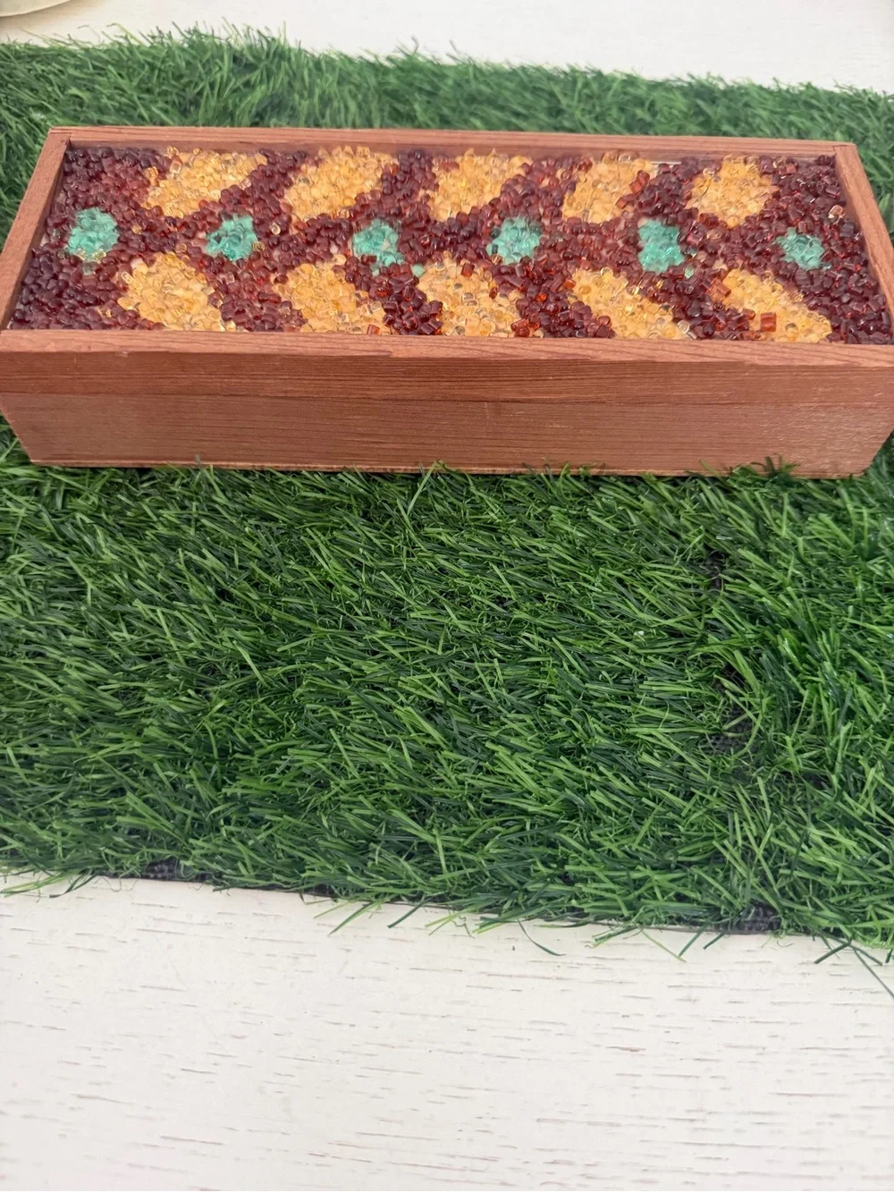 Vintage Beaded Mosaic Wood Trinket Box  in Browns & Turquoise Color